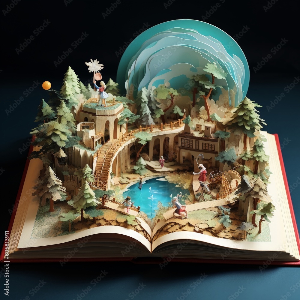 Obraz premium Hidden world inside a book, characters leaping off pages, literary adventure, storytelling papercraft, 3D style