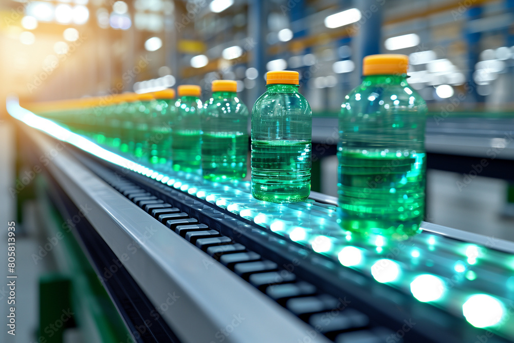 Bottles of water are being made on a conveyor belt Bottles of water are being made on a conveyor belt