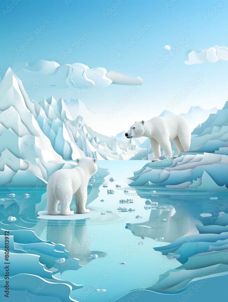 Melting glacier, polar bears on ice floes, climate change theme, impactful, environment papercut 3D style