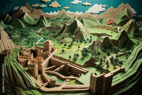 Hill fort, wooden palisades, lookout over verdant valleys, defense strategy, papercut 3D style photo