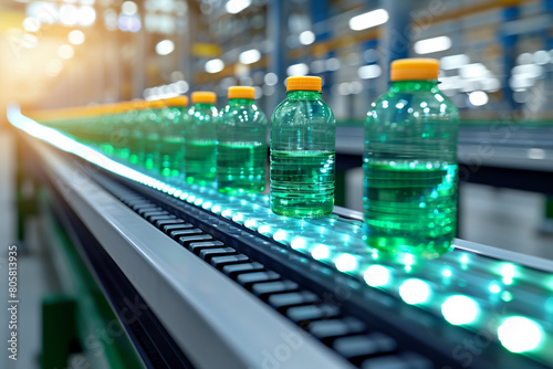 Bottles of water are being made on a conveyor belt photo