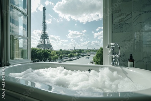 A large bathtub with thick white foam in the bathroom, the view outside is of Paris and the Eiffel Tower from inside a luxury hotel room