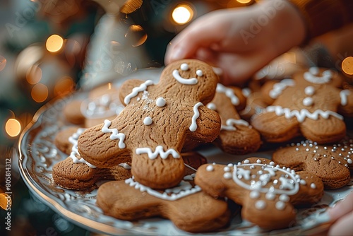 The hand of a child takes a gingerbread man cookie