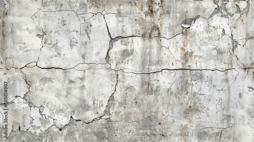 Obraz premium A highly detailed and realistic texture of an aged, cracked wall with subtle gray tones. The background is white to highlight the intricate details in textures and patterns on the concrete wall.