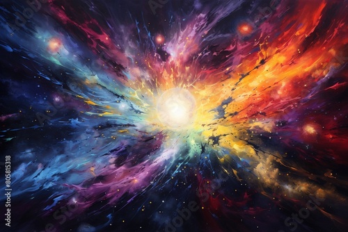 Illustration capturing the fusion of a galaxy with stars, neon bursts, topdown cosmos , oil paint photo