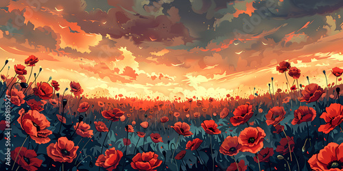 Illustration of world war one battlefields filled with poppies, symbolizing remembrance and tribute. Suitable for historical events, memorials, and patriotic themes. photo