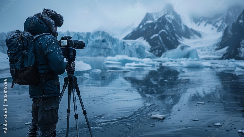 A photographer is taking pictures of icebergs in Antarctica