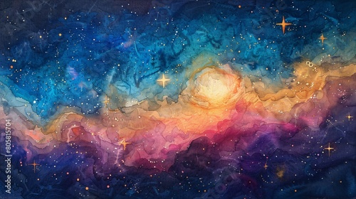 a stunning watercolor depiction of space  featuring a rich tapestry of stars and the ethereal Aries constellation  elegantly crafted on textured watercolor paper