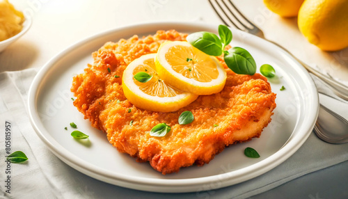 Golden fried schnitzel topped with lemon slices and fresh basil leaves, served on a white plate.