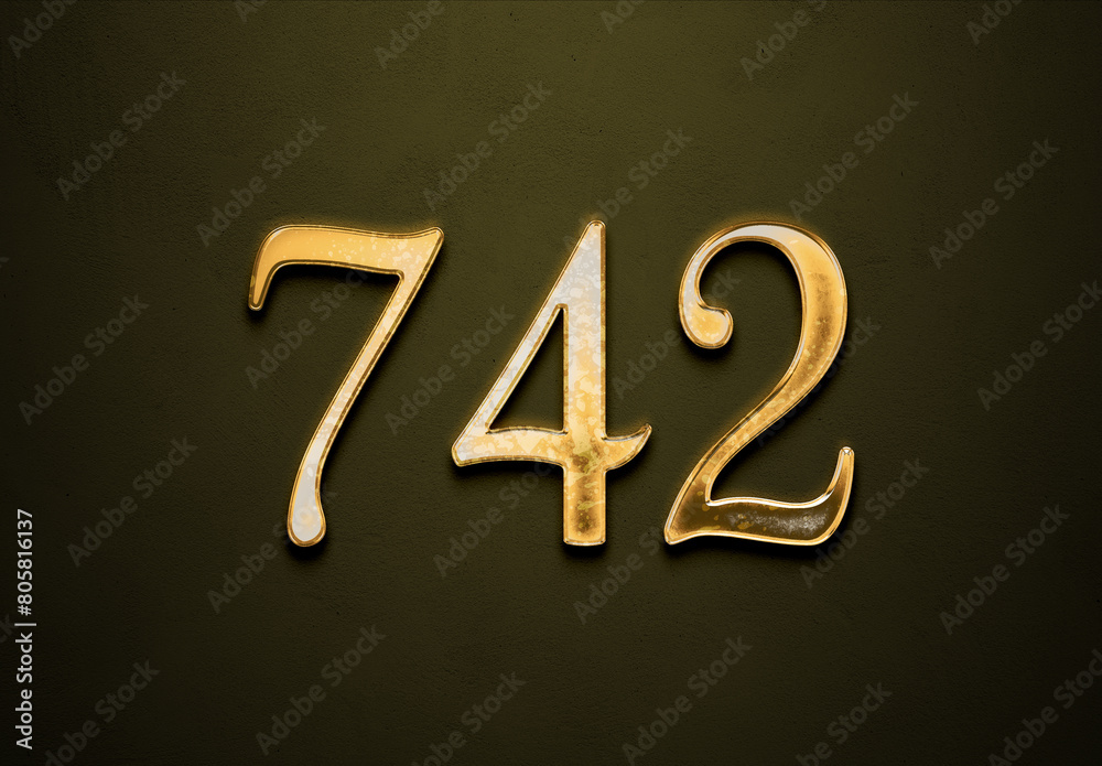 Old gold effect of 742 number with 3D glossy style Mockup. Old gold effect of 742 number with 3D glossy style Mockup.
