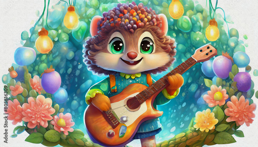 oil painting style CARTOON CHARACTER baby hedgehog Young aspiring musician holding an electric guitar with stage,