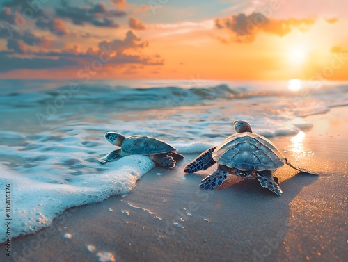 Rehabilitated Sea Turtles Released Back to the Ocean at Sunrise on Tropical Beach photo