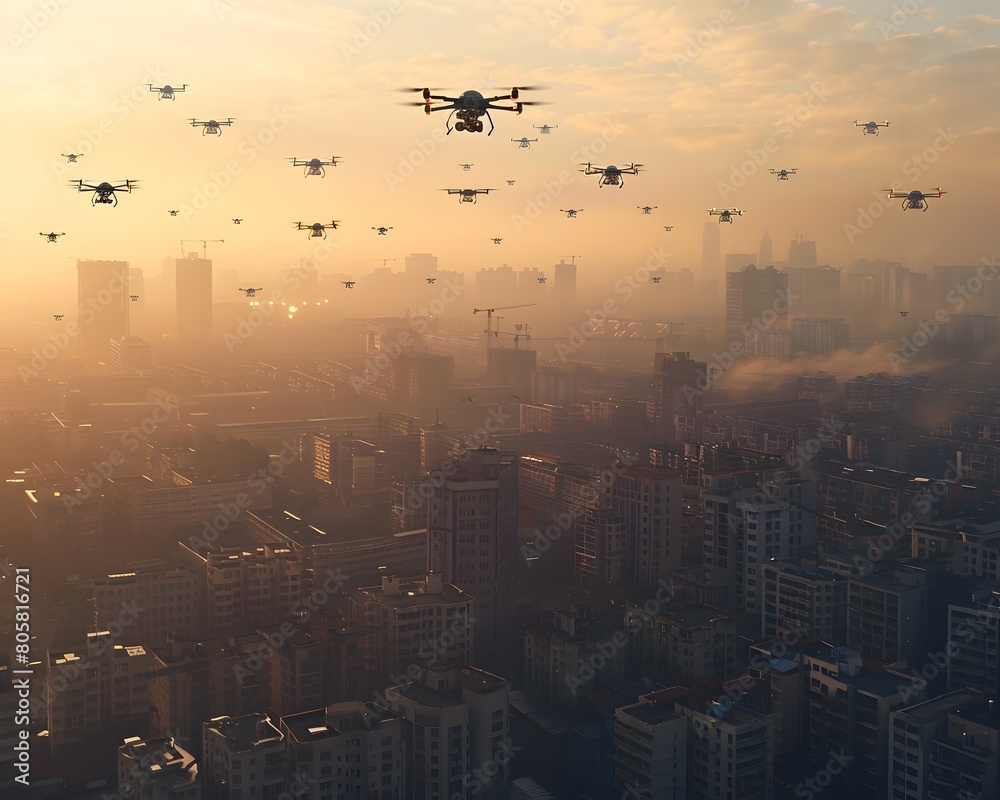 Drone Delivery System in Metropolitan Area Aerial View of Drones Flying over Urban Rooftops with Skyscrapers Drone Delivery System in Metropolitan Area Aerial View of Drones Flying over Urban Rooftops with Skyscrapers