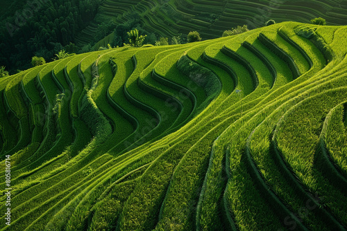 Capture the intricate patterns of the rice paddies shimmering in the sunlight photo