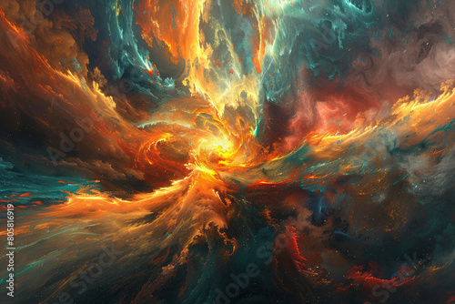 Show a chaotic, swirling mass of fiery colors expanding outward from a central point in a destructive display of power photo