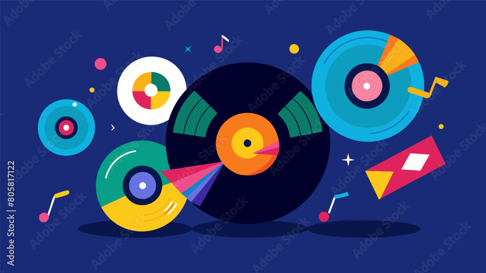 A series of records spinning and being flipped overlaid with colorful animated graphics and effects. Vector illustration A series of records spinning and being flipped overlaid with colorful animated graphics and effects. Vector illustration