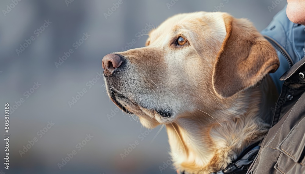 A closeup halfbody of a charismatic guide dog trainer in casual attire A closeup halfbody of a charismatic guide dog trainer in casual attire