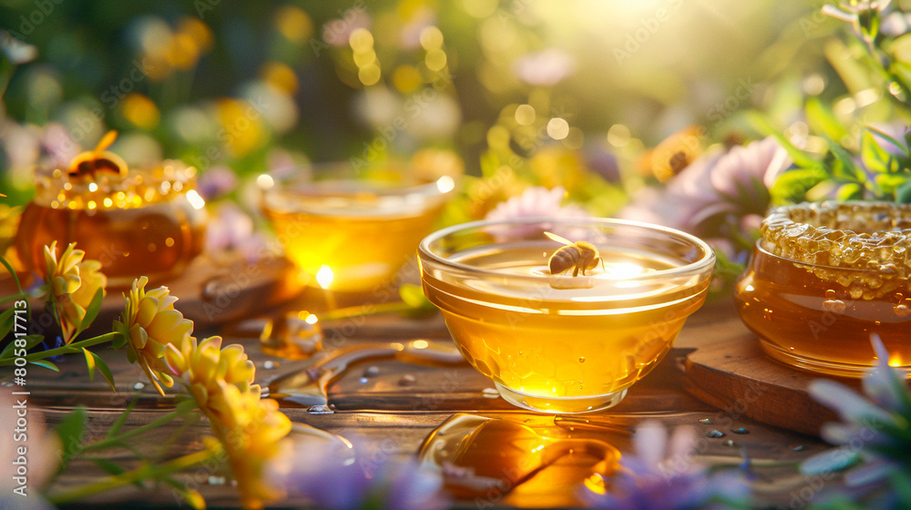 Honey-filled glass bowls surrounded by vibrant flowers, basking in the soft glow of a sunny garden.