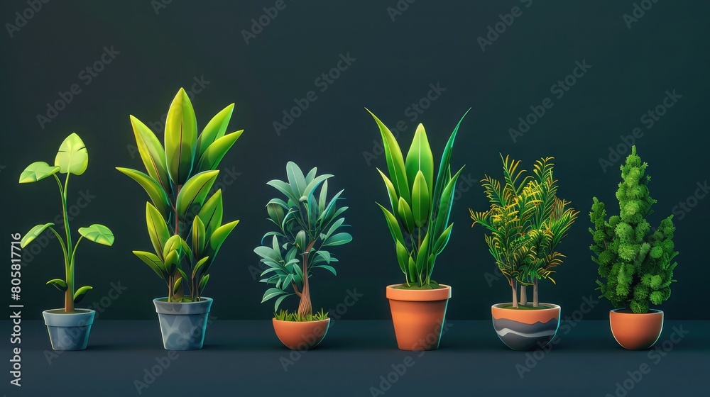 Plant shoot, potted houseplant, tree, grass, 3d cartoon icon set,set of potted little trees with green background,Flowers and plants in pots isolated on white. Set with flowerpots for eco-friendly 
