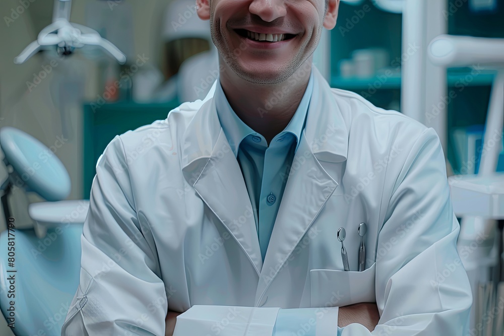 A man in a white lab coat smiles while holding dental instruments. Generative AI A man in a white lab coat smiles while holding dental instruments. Generative AI