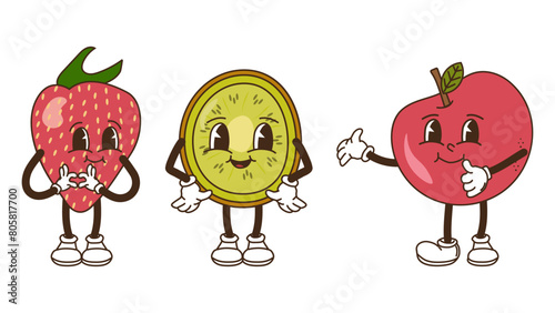 Fruits and berries in groovy style set. Strawberry kiwi and apple. Characters trendy retro, comic mascot. Design banner poster. Y2k Hippie 70s, 80s. Vector illustration.