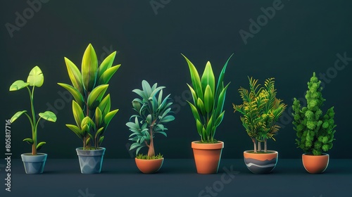 Plant shoot, potted houseplant, tree, grass, 3d cartoon icon set,set of potted little trees with green background,Flowers and plants in pots isolated on white. Set with flowerpots for eco-friendly 