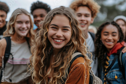 A joyous scene unfolds: A laughing Caucasian student, embraced by her diverse Generation Z peers, poses outdoors on campus, backpacks in hand, capturing the essence of friendship and fun.
