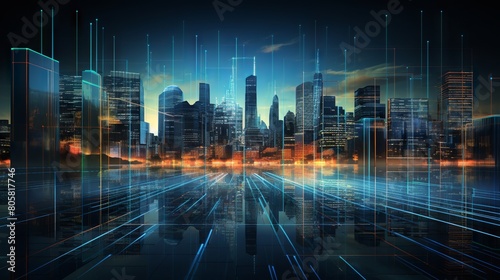 Dynamic cityscape  financial graphs overlay digital screen in business concept  