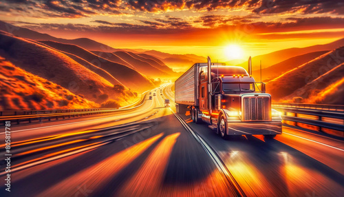 Truck speeds along a mountainous highway  bathed in the fiery glow of a sunset.