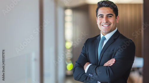 copy space, best job candidate hispanic male, age around 30, indoor business office related background. Succesful hispanic business man. Business concept. Young hispanic man looking for a job. photo