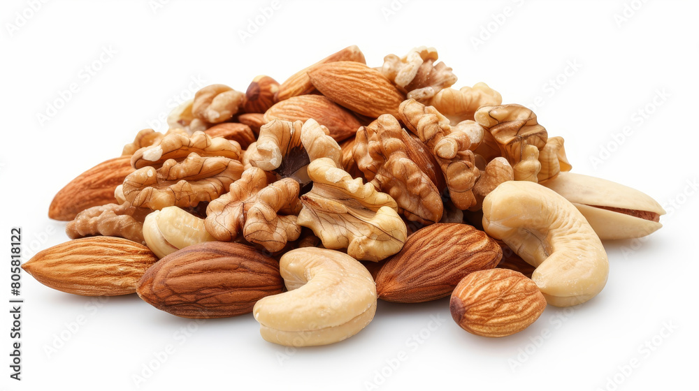 A pile of nuts including walnuts, almonds, and cashews A pile of nuts including walnuts, almonds, and cashews