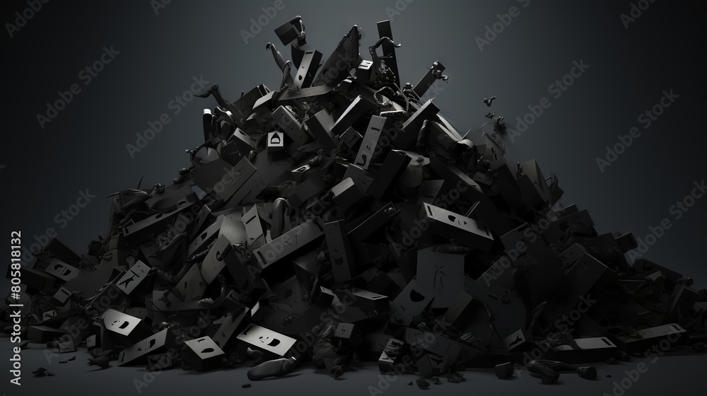 Business confusion and problem solving concept - large pile of black 3d ...