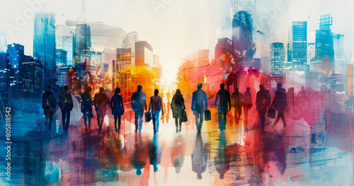 A painting of a city street with a group of people walking down it
