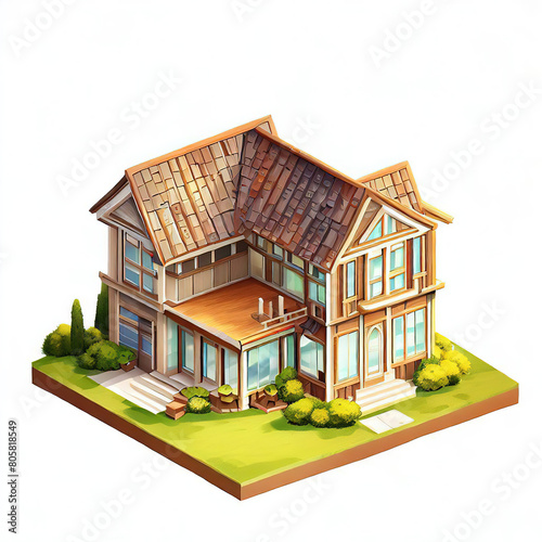 Abandoned wooden house isolated on white background front view, 3D rendering.with Generative AI technology