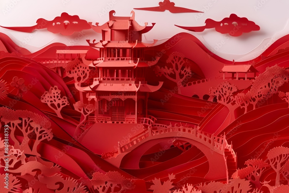 Obraz premium An ancient Chinese landscape unfolds in traditional red paper cuttings, offering a historical glimpse in a culturally rich banner with central copy space