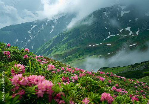 Bblooming Pink Flowers On Foggy Mountains photo