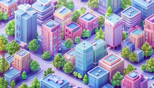 An isometric pastel city dotted with trees and small parks creates a picturesque urban landscape  ideal for peaceful living  Sharpen banner with space for text