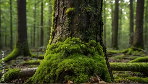 Green moss on a rotting tree trunk in the forest