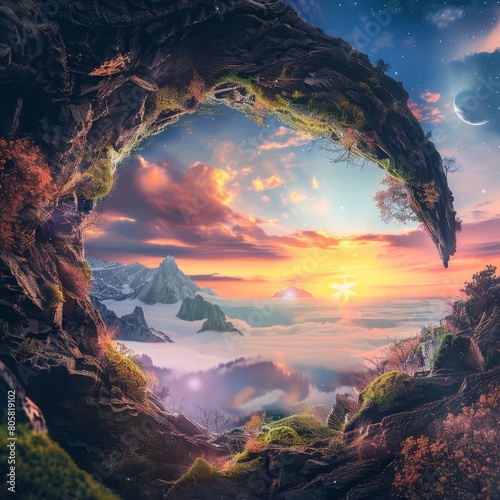 Beautiful fantasy landscape unfolds with vibrant colors and dreamlike structures, sparking imagination, Sharpen banner template with copy space on center © Sweettymojidesign