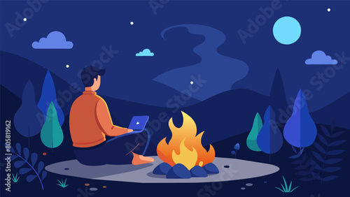 A person sitting by a campfire at night watching the stars and connecting with friends through meaningful conversations without the pressure to share. photo