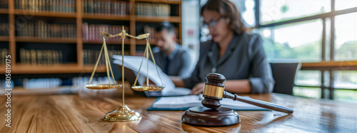 A woman is sitting at a desk with a gavel and scales