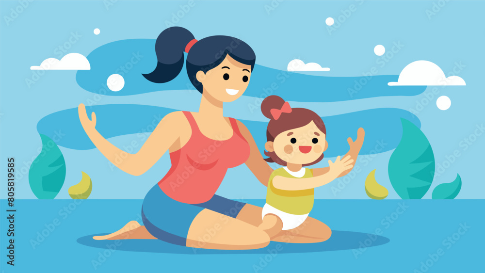 A mother and her child both with different abilities enjoying a bonding experience as they exercise and play together in an aqua aerobics class.. Vector illustration