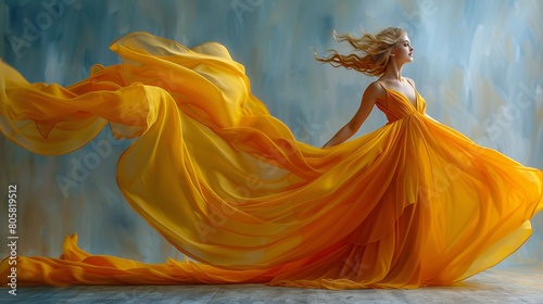 Elegant woman dances, soaring on the wind in a golden silk dress. Stunning model in yellow gown waves on grey background. Joyful young woman in imaginary clothes.