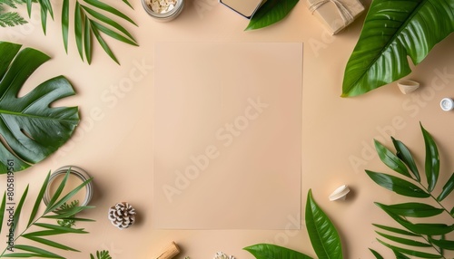 Creative flat lay template of an ecofriendly workspace with recycled materials and green plants, with solid background and copy space on center