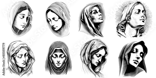 Eight vector drawings of a woman with head covered with cloth