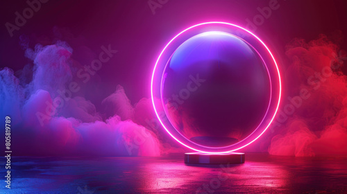 Glittering Glass Ball Behind the podium With Dark Purple Background and Smoke - 3D Render