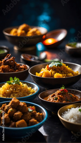A tempting spread of Indian delicacies served in bowls on a dark table, offering a tantalizing glimpse into the diverse flavors and textures of the cuisine.