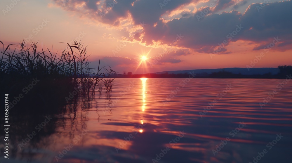 Nature's Canvas: A Serene Sunset Paints the Sky Over the Lake, Creating a Moment of Peace and Beauty Nature's Canvas: A Serene Sunset Paints the Sky Over the Lake, Creating a Moment of Peace and Beauty