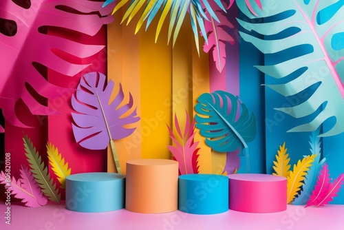 Exotic tropical island stage podiums rise in a colorful paper art style, perfect for showcasing products in a banner with central copy space photo