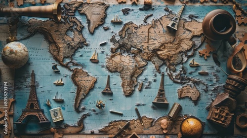 Featuring a world map and miniature landmarks, this creative flat lay template inspires travel and adventure, with solid background and copy space on center